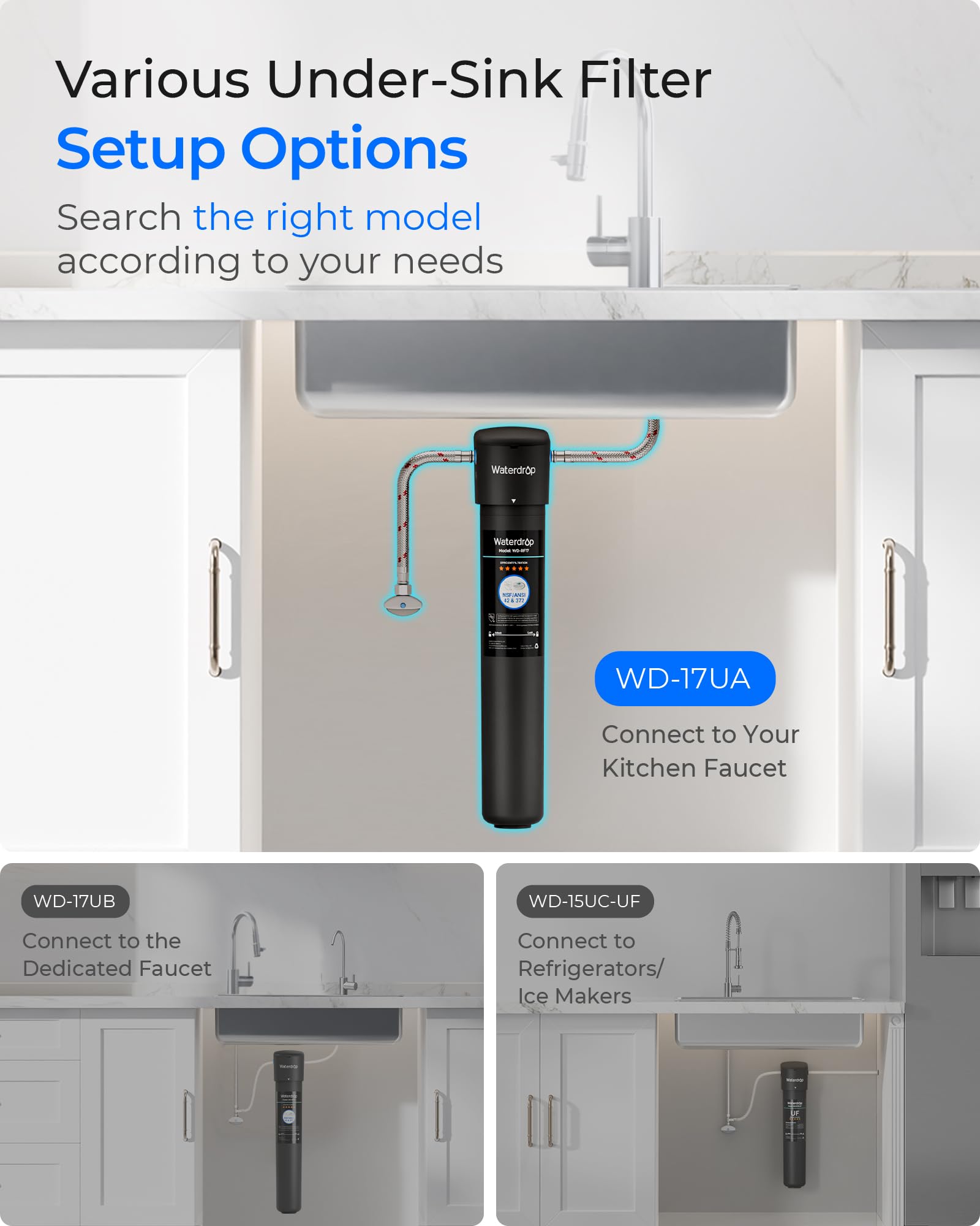 Waterdrop 17UA under-sink installation shown in kitchen cabinet