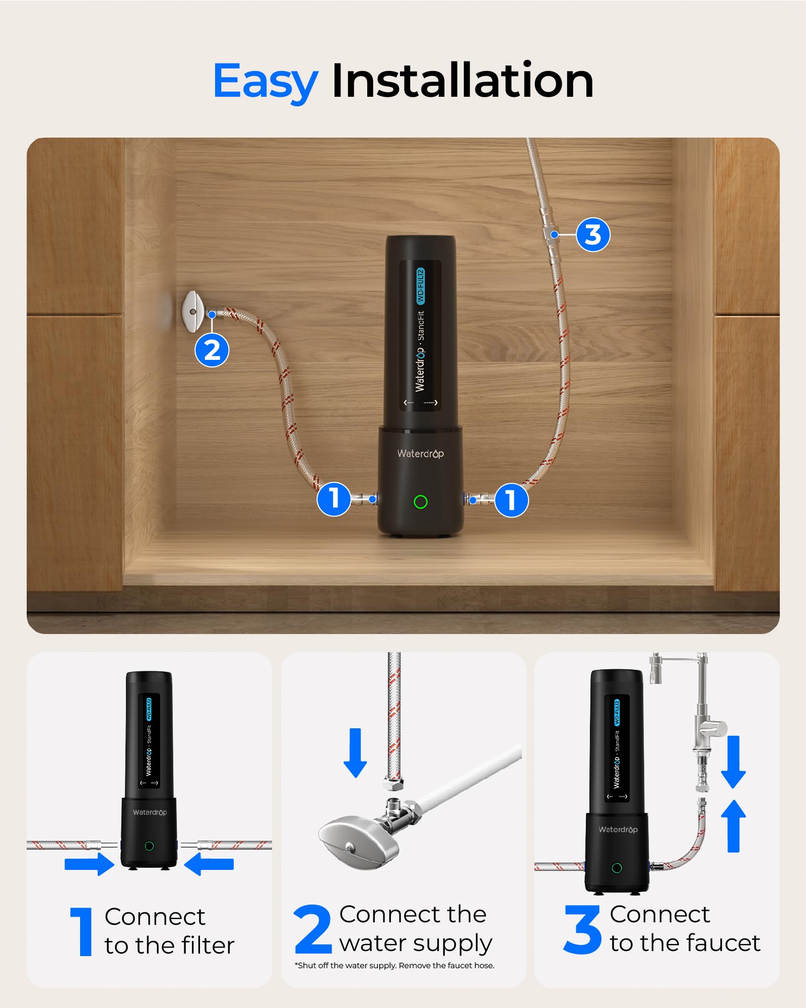 Waterdrop 3/8-inch adapters connect to cold water pipes for seamless plumbing.