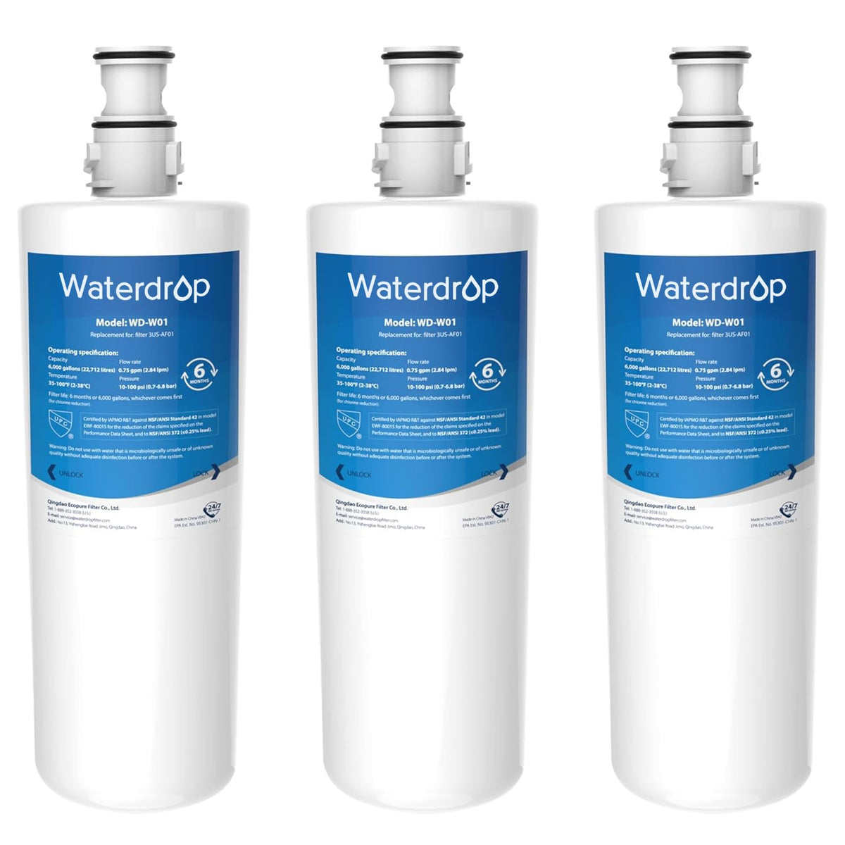 Waterdrop 3US-AF01 under-sink filter ready for installation with chlorine reduction.