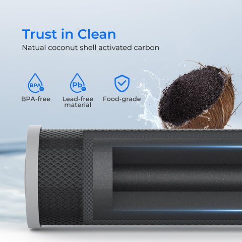 Waterdrop 5-micron carbon filter traps larger particles for clearer downstream water.
