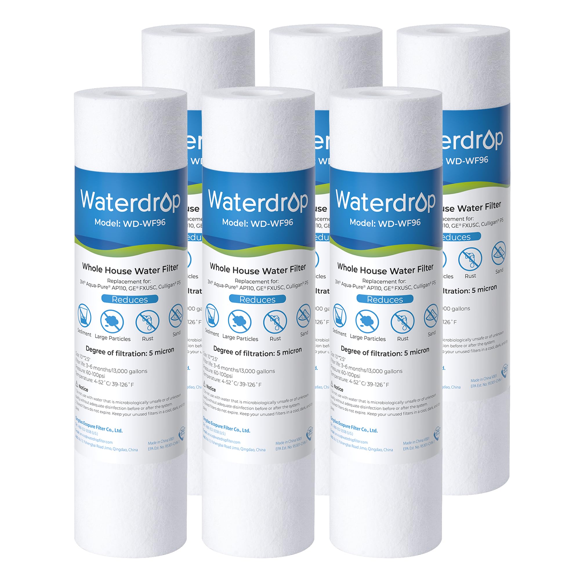 Waterdrop 5-micron filter in a 10x2.5 inch assembly improves sediment capture.