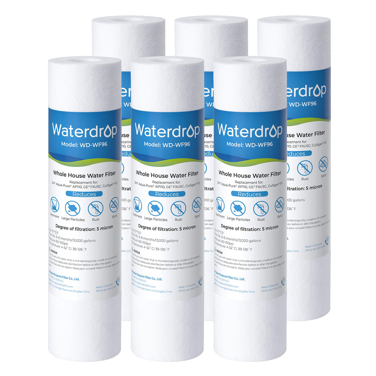 Waterdrop 5-micron filter in a 10x2.5 inch assembly improves sediment capture.