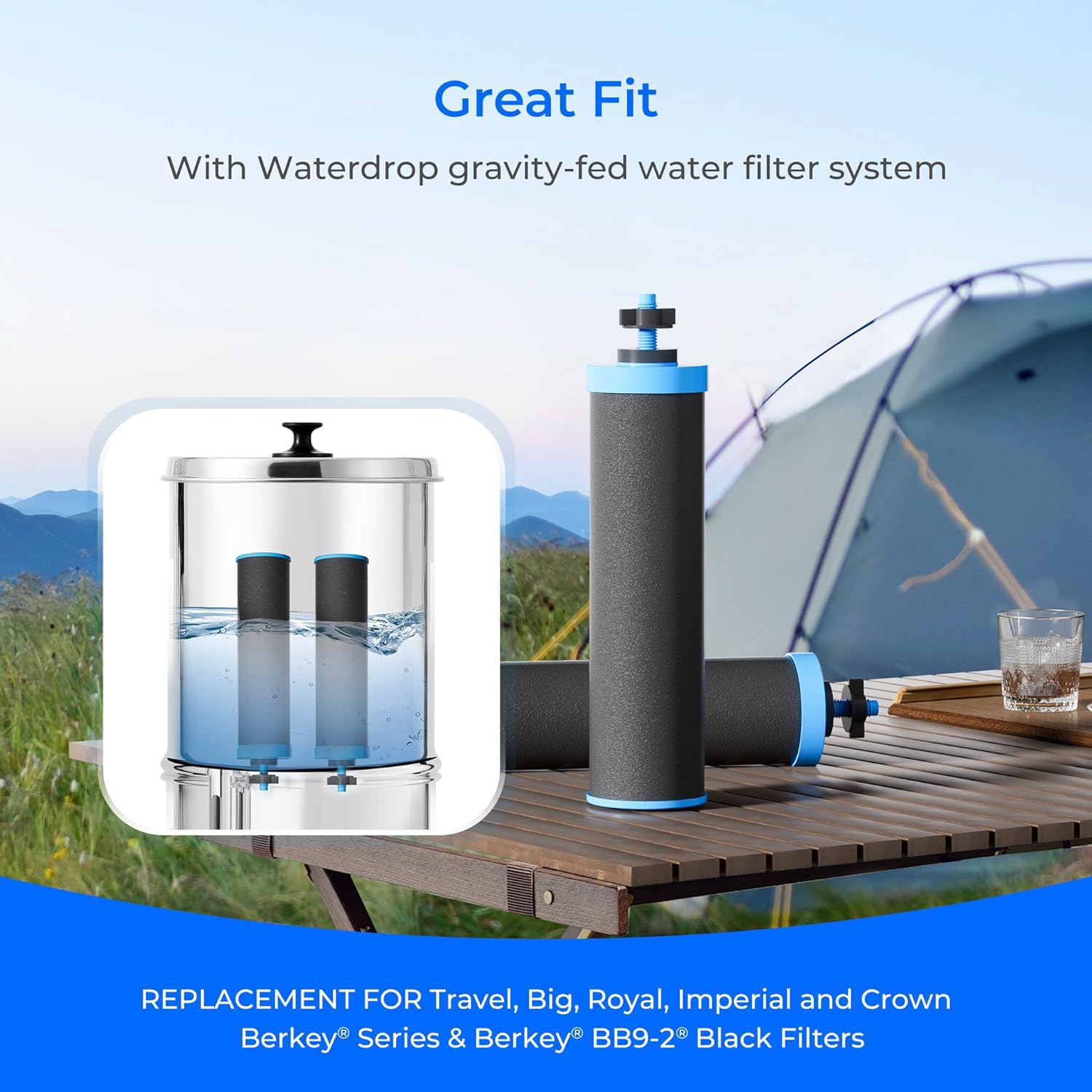 Close-up of Waterdrop alkaline filter showing carbon media for clean taste.