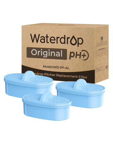 Waterdrop alkaline filter packaging for compatible pitcher systems.