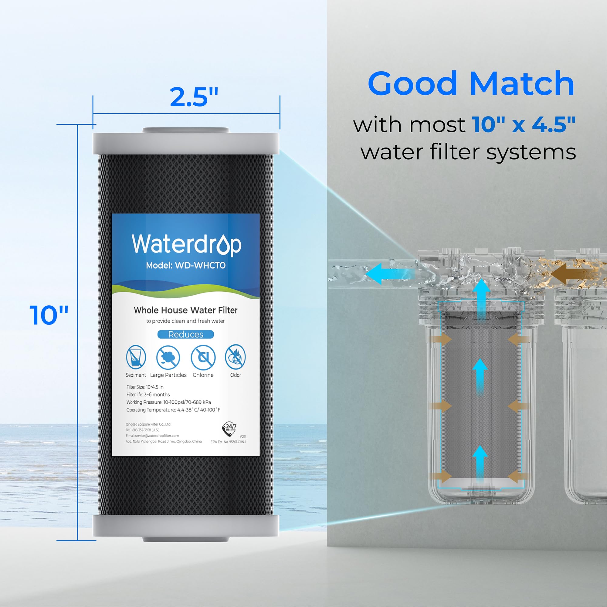 Waterdrop American Plumber W10-PR-compatible filter supports multiple brands with 10x4.5-in fit.