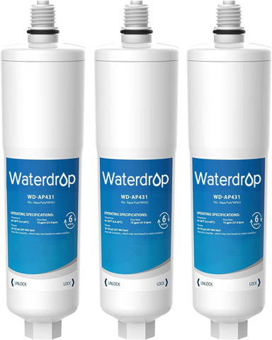 Waterdrop AP431 replacement cartridge for AP430SS prevents mineral buildup in appliances.