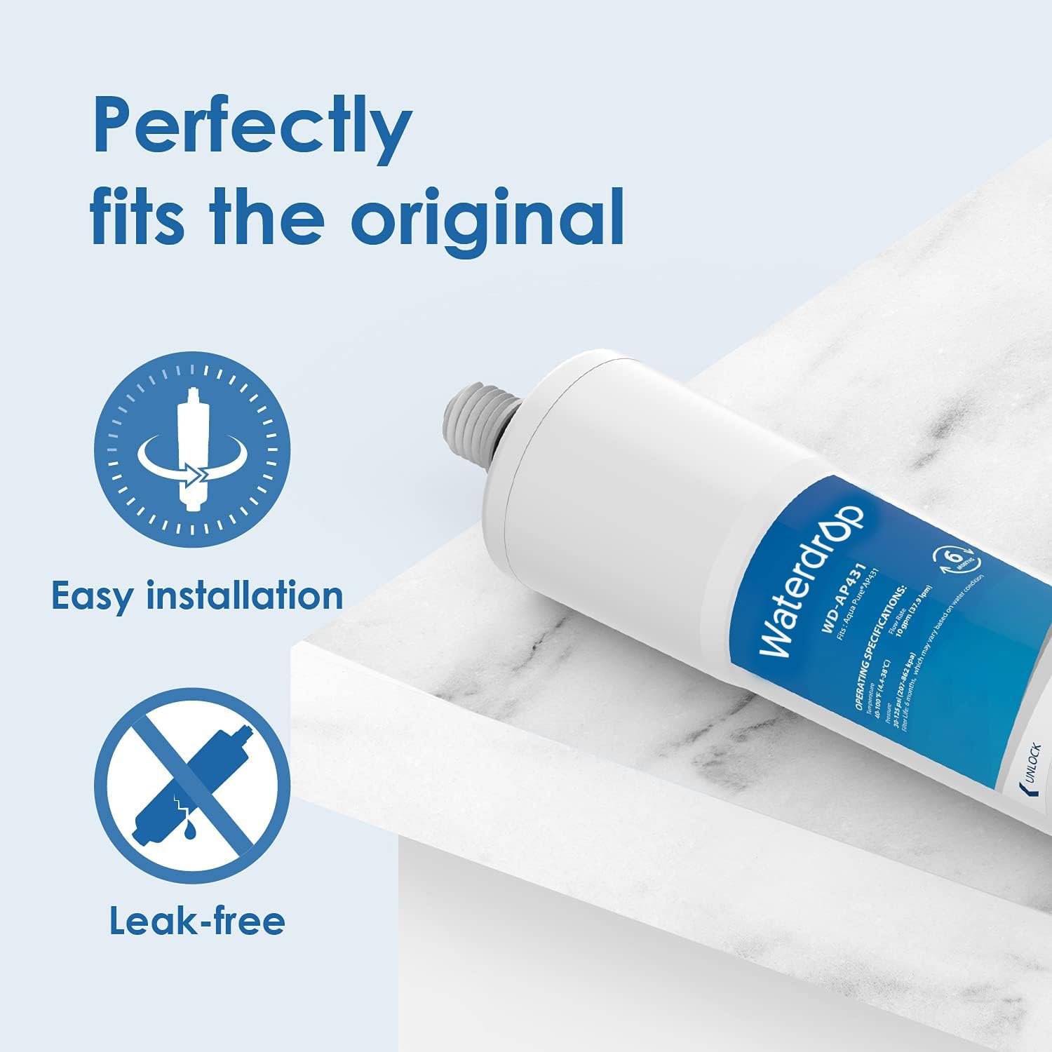 Waterdrop AP431 cartridge installation guide image demonstrates quick, tool-free setup