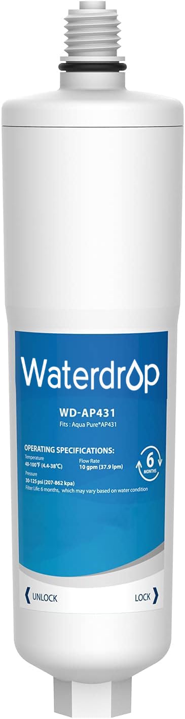 Waterdrop AP431 replacement cartridge packaging shows BPA-free housing for safe installation