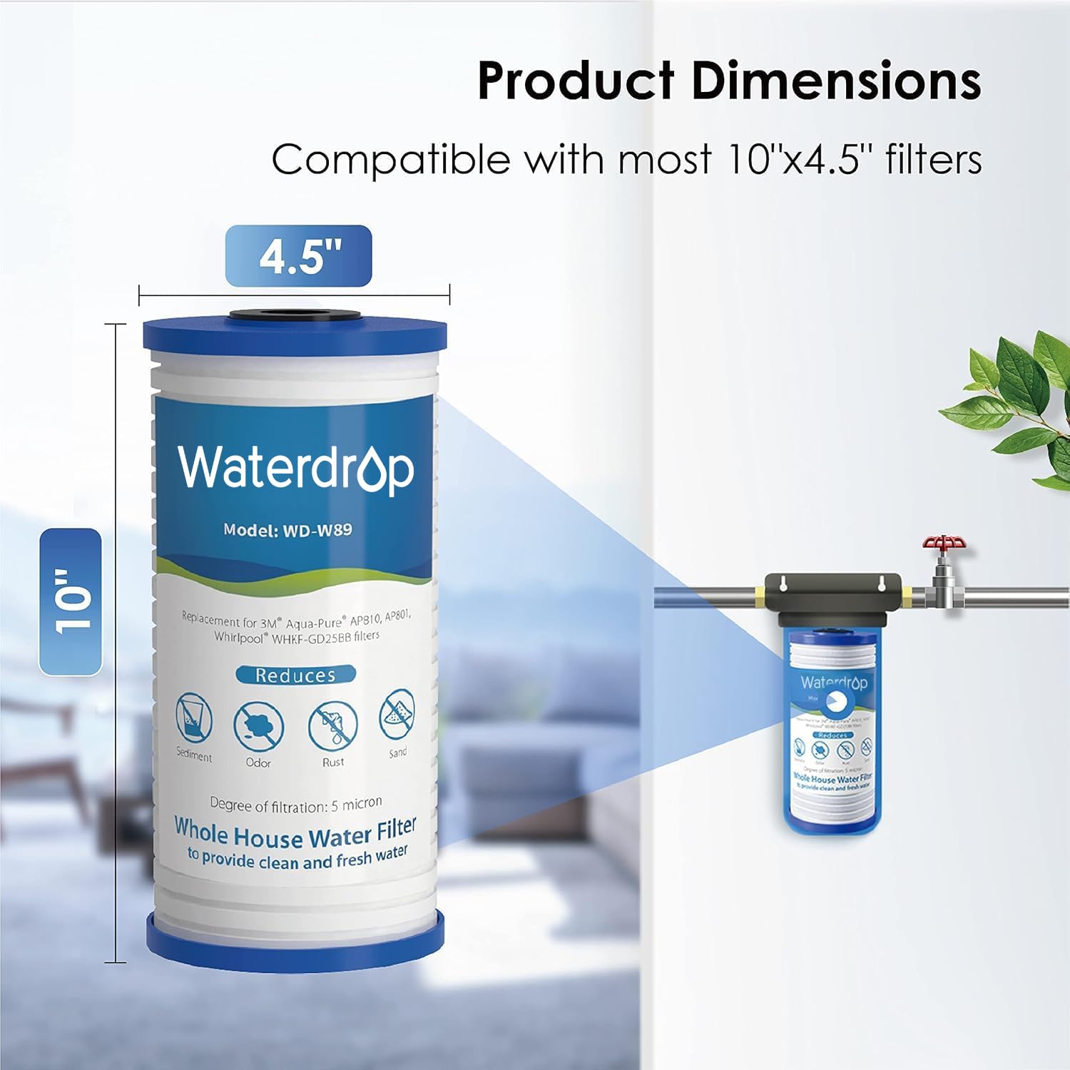 Close-up of Waterdrop AP810 packaging with replacement guidance.