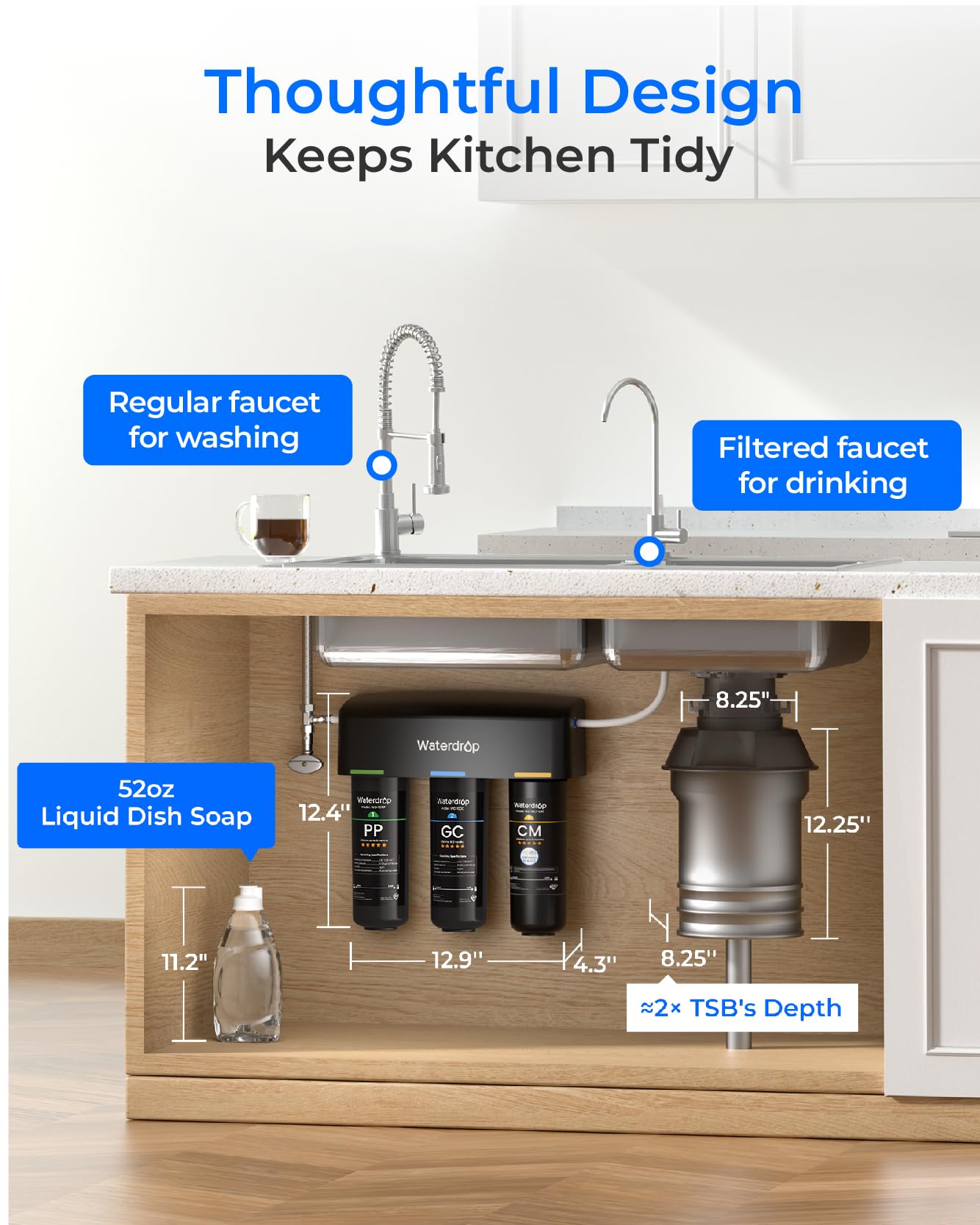 Three-stage filtration delivers consistent purified water at the kitchen tap