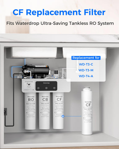 Waterdrop CF filter 2–5 micron filtration reduces impurities and enhances taste.
