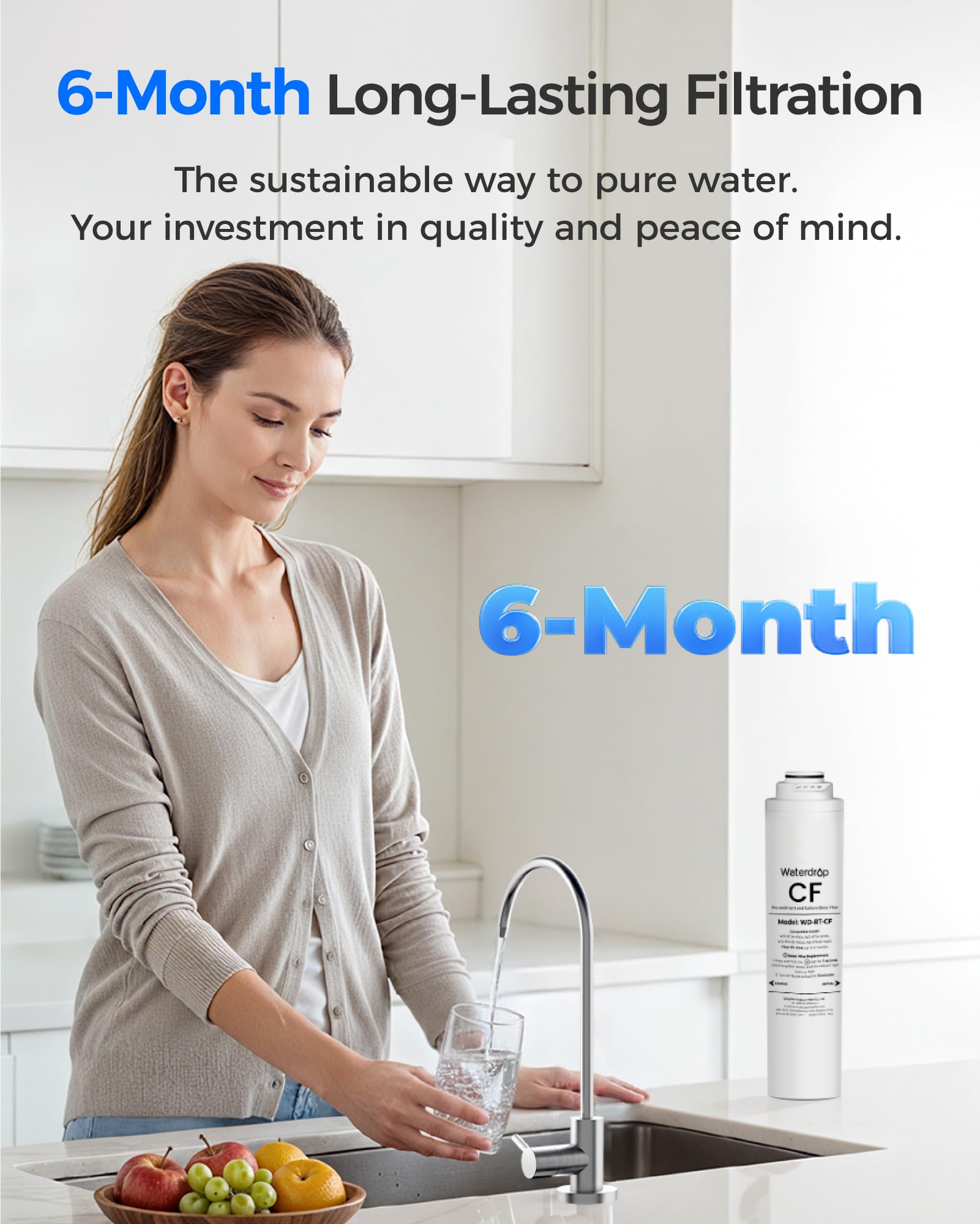 Waterdrop CF filter with leak-proof cartridge for a secure seal.