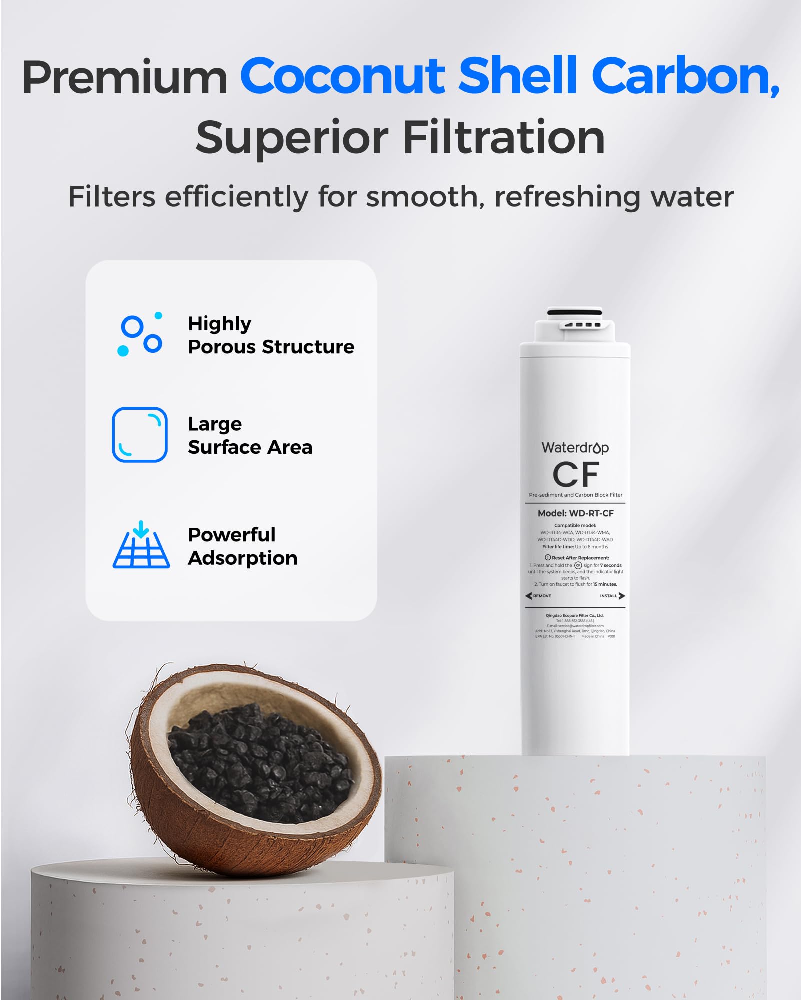 Waterdrop CF filter twist-pull replacement for quick, tool-free setup.