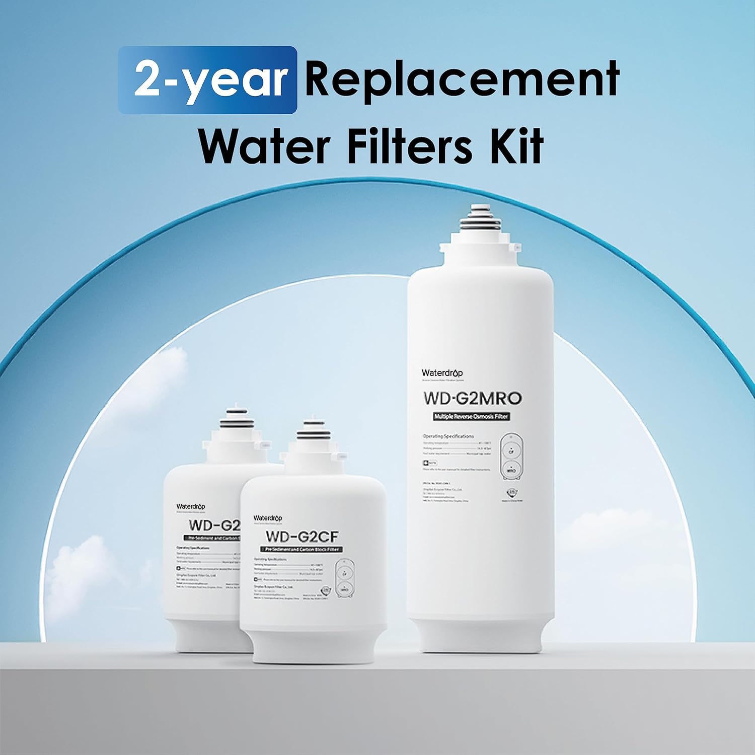Waterdrop combo pack of filters laid out for replacement and upgrade.