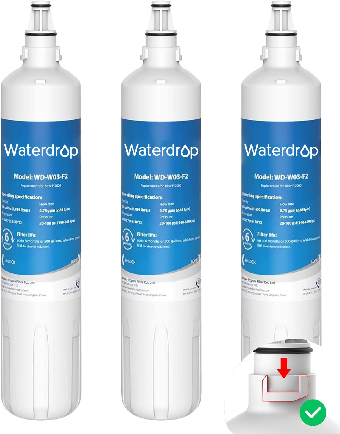 Waterdrop F-2000 product packaging showing Sub-Zero compatibility for easy replacement