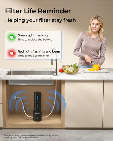 Waterdrop fast-flow outlet delivers about 5 L/min for quick filtered water.