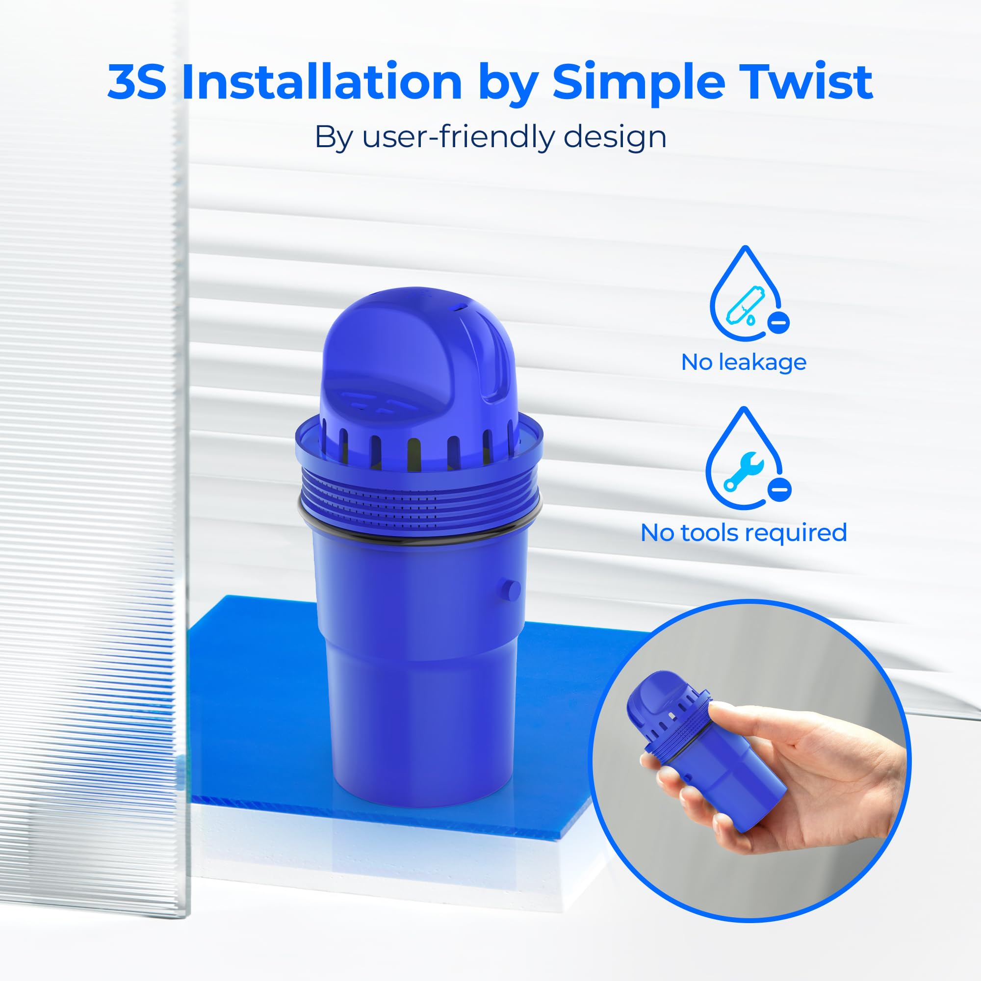 Waterdrop fast installation in 3 seconds highlights user-friendly setup.