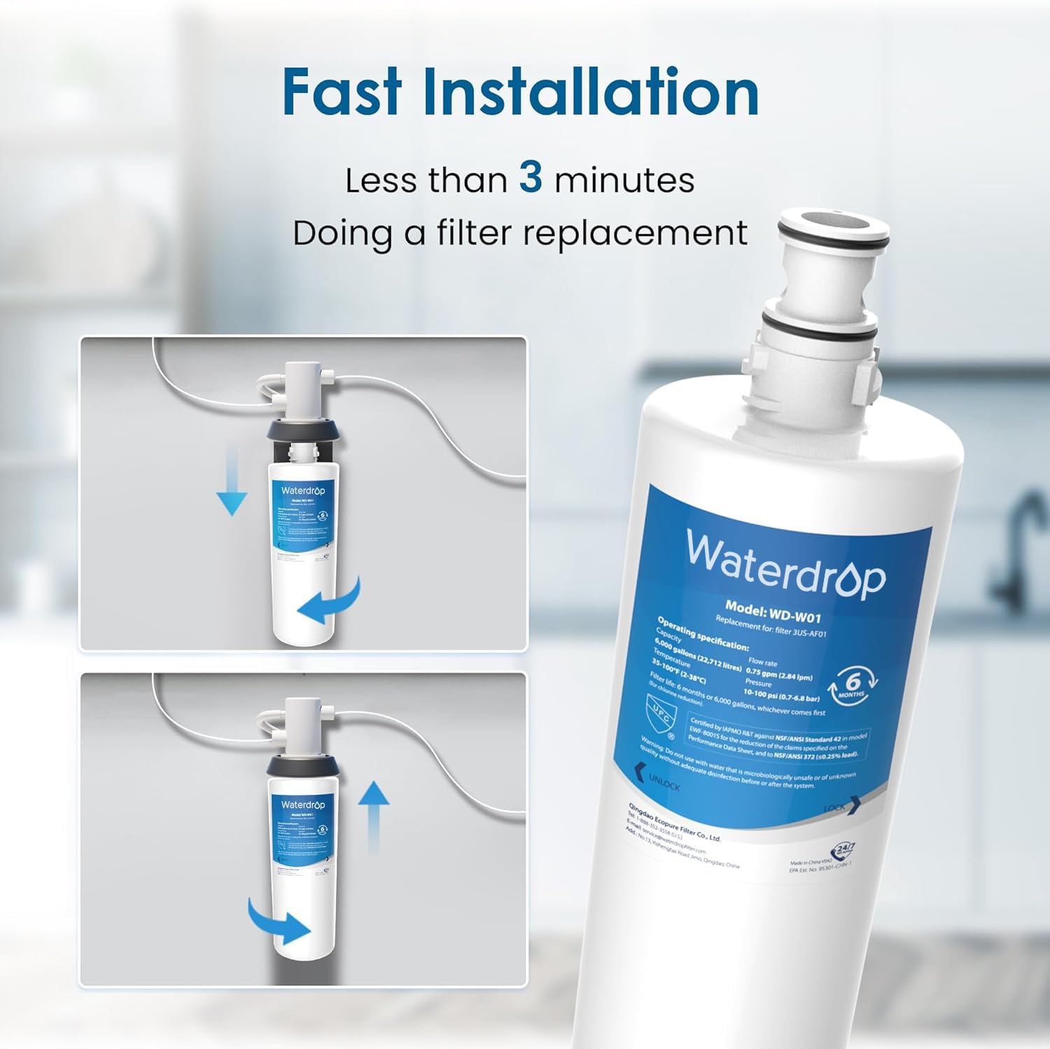 Waterdrop replacement cartridges pack shown for easy at-home swaps.
