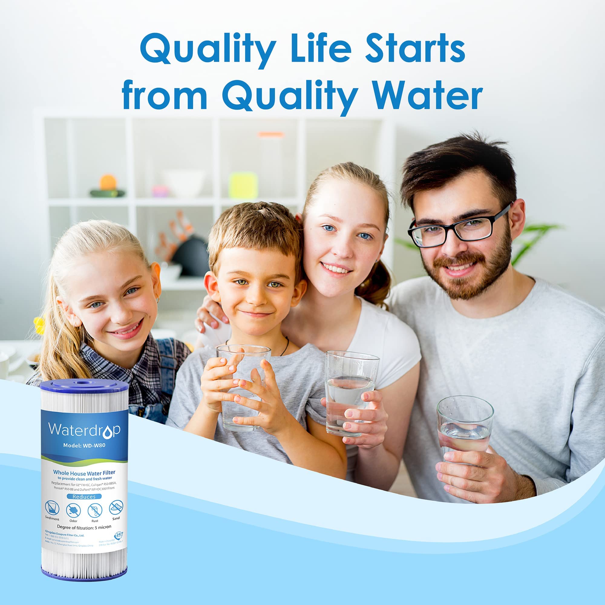 Visual installation guide for Waterdrop FXHSC filter replacement.