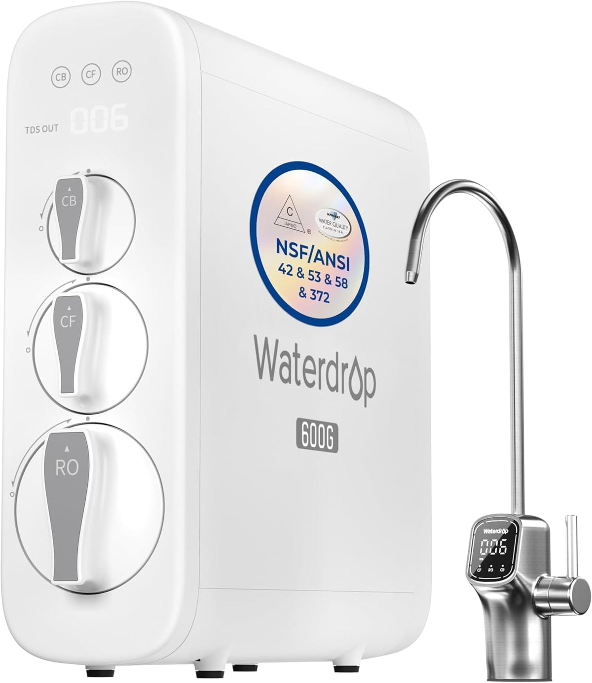Waterdrop G3P600 front view highlights compact tankless RO under-sink setup and clean lines.