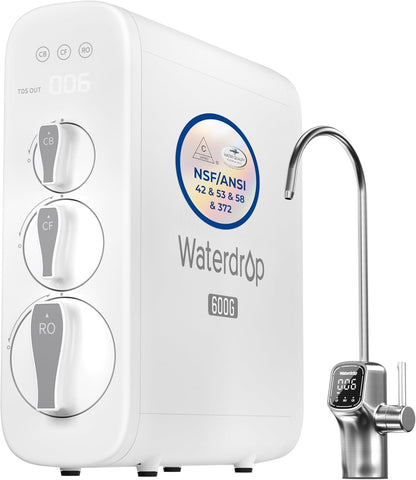 Waterdrop G3P600 front view highlights compact tankless RO under-sink setup and clean lines.