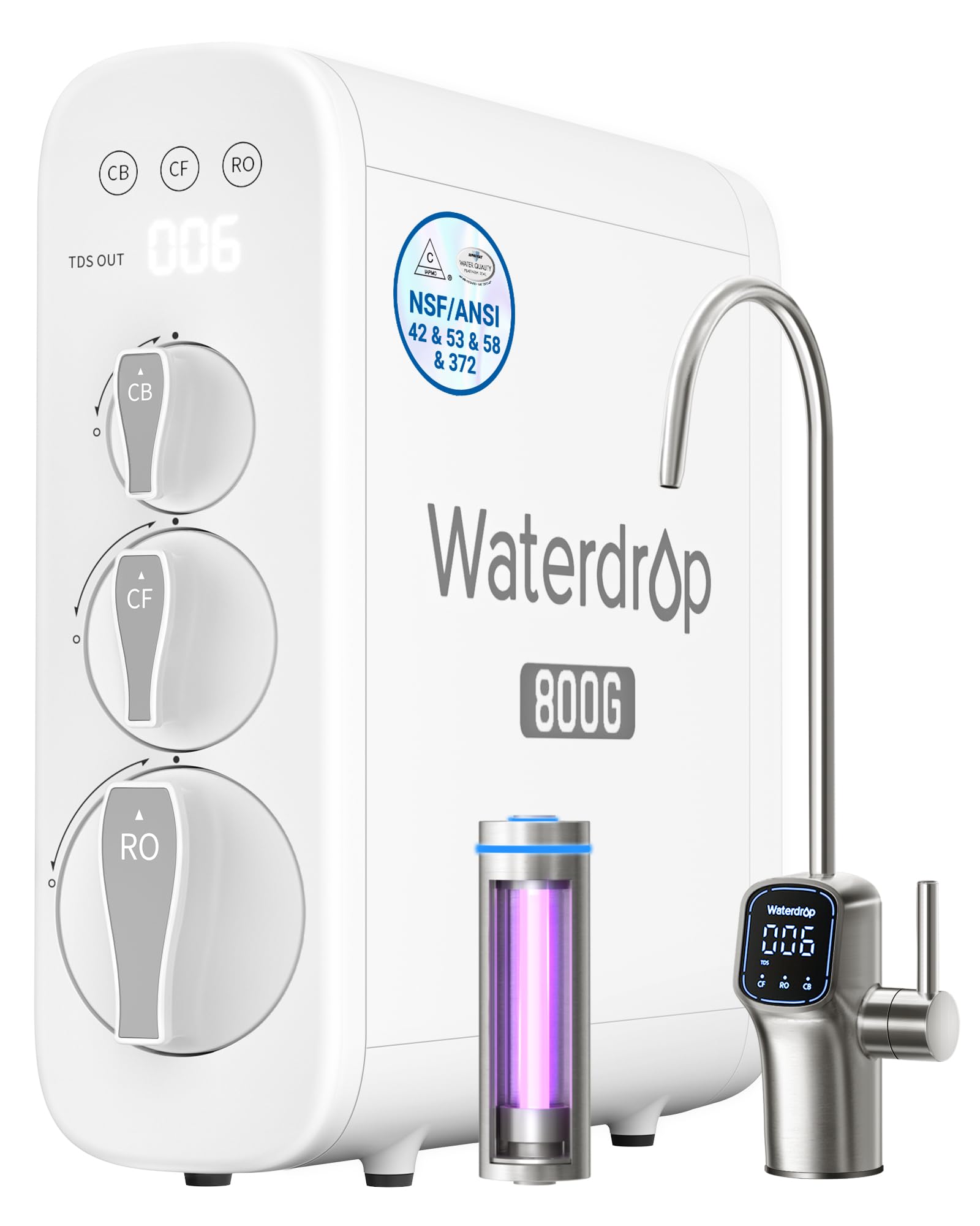 Waterdrop G3P800 system front view with compact tankless design for under-sink use