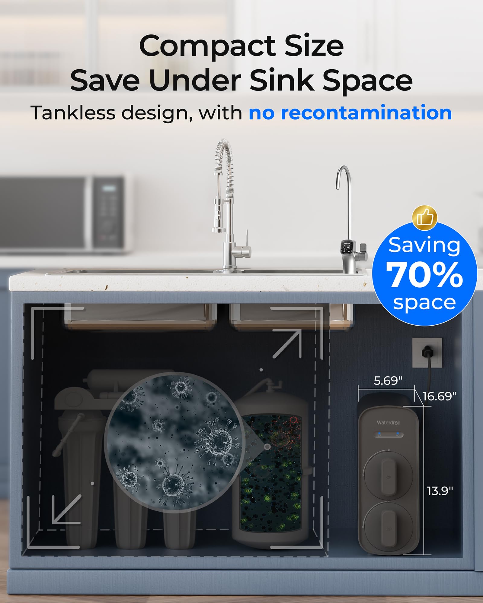 Waterdrop G5P700 2:1 pure-to-drain ratio reducing water waste effectively.