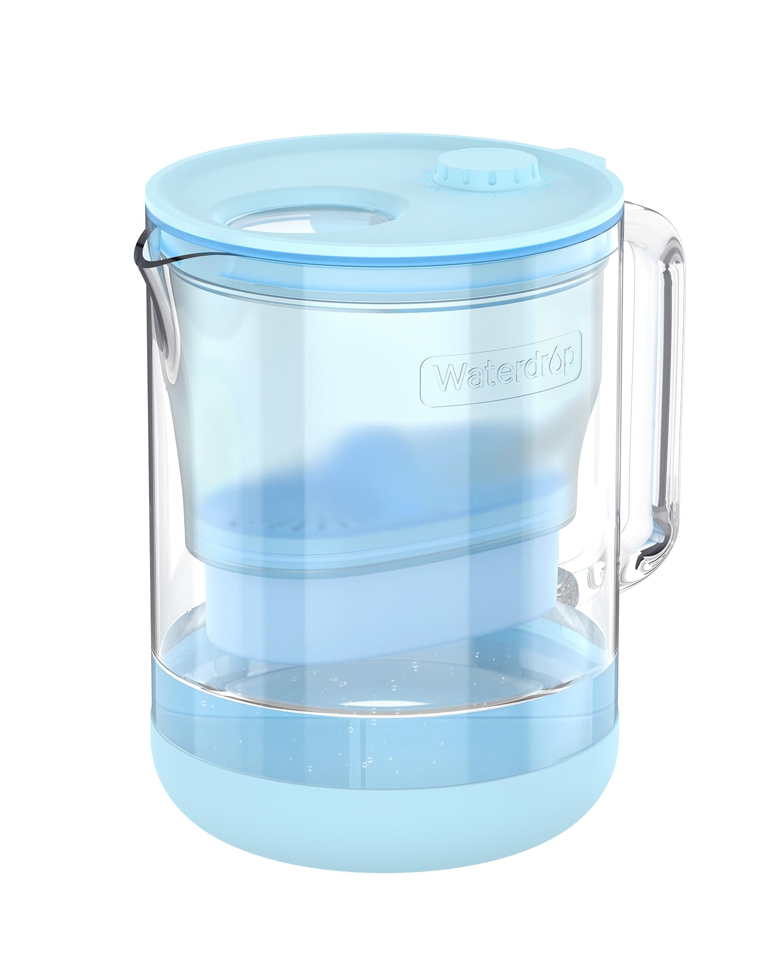 Waterdrop glass alkaline pitcher close-up with clear water.