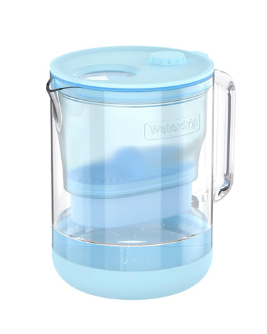 Waterdrop glass alkaline pitcher close-up with clear water.