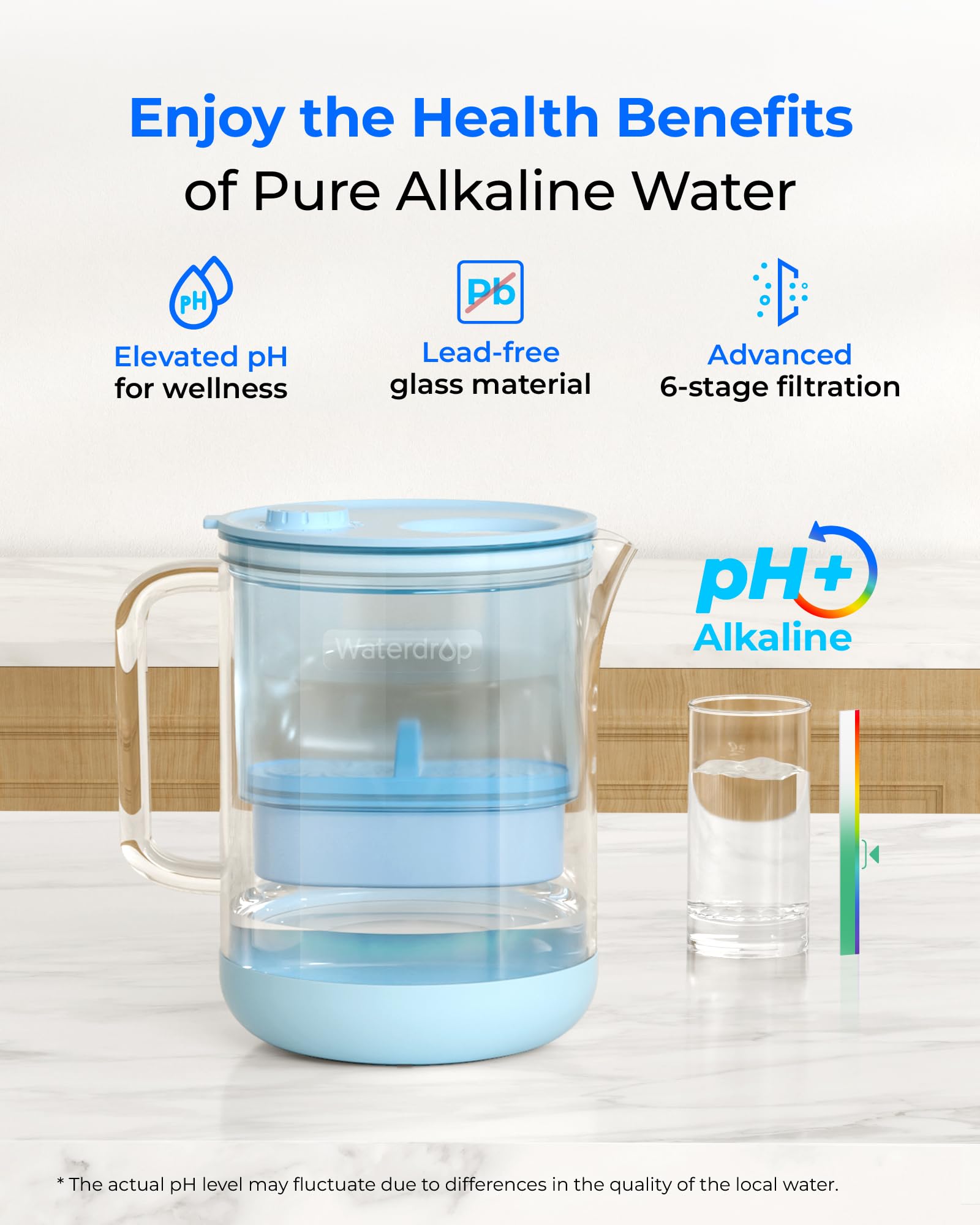 Waterdrop glass alkaline pitcher in fridge for easy access.