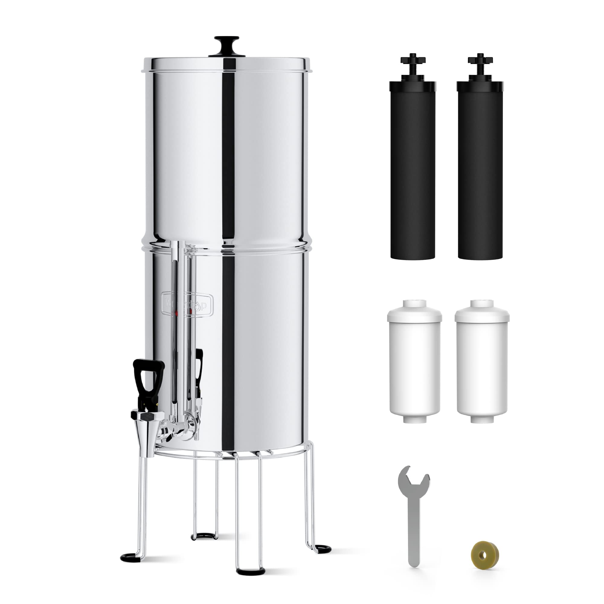 Waterdrop gravity-fed filter system assembly for indoor or outdoor use