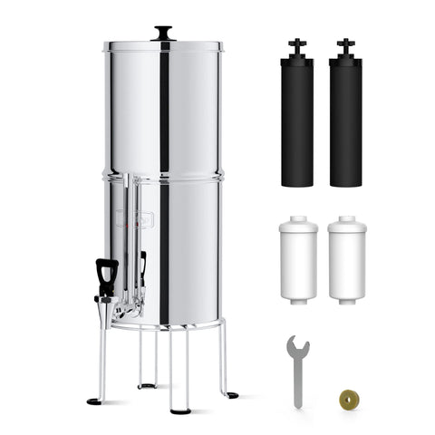 Waterdrop gravity-fed filter system assembly for indoor or outdoor use