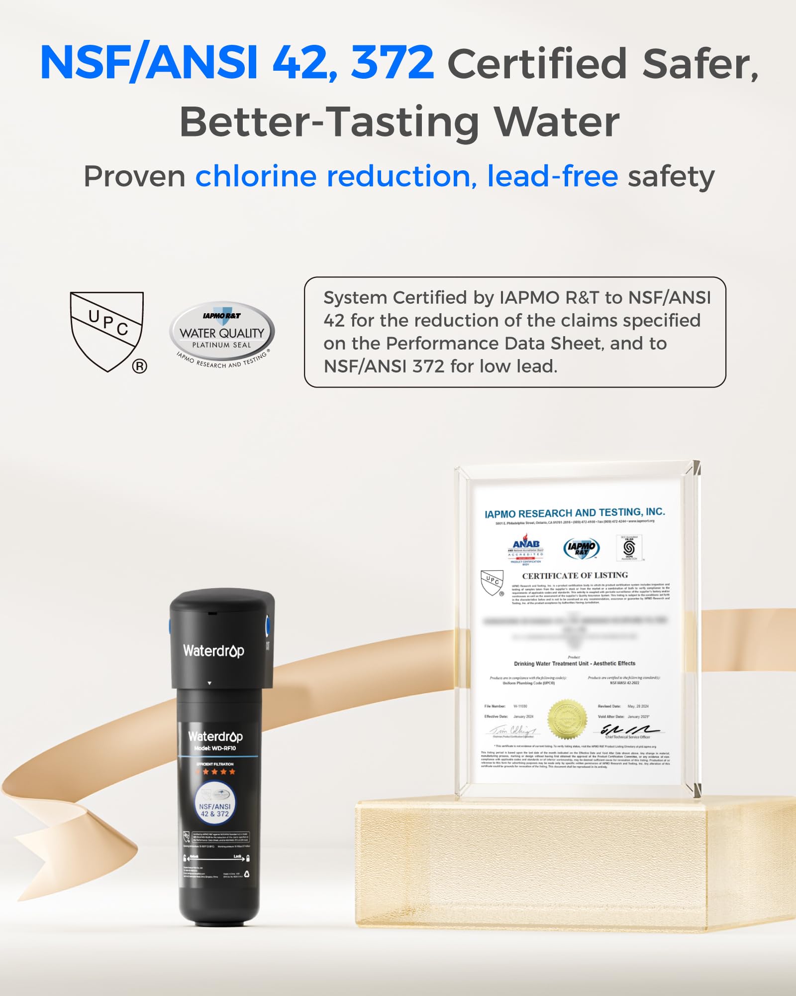 IAPMO-certified Waterdrop filter with NSF/ANSI certifications