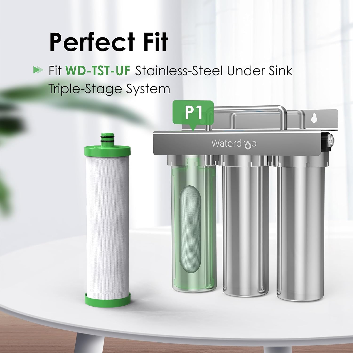 Waterdrop P1 first-stage filtration reducing rust and particulates for clearer water.