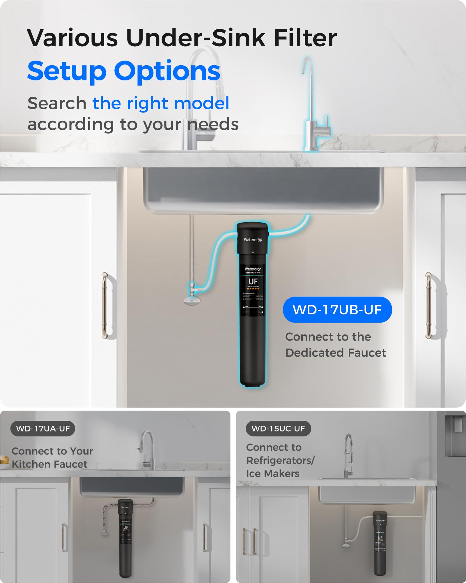 Waterdrop push-to-connect fittings enable quick, tool-free installation.