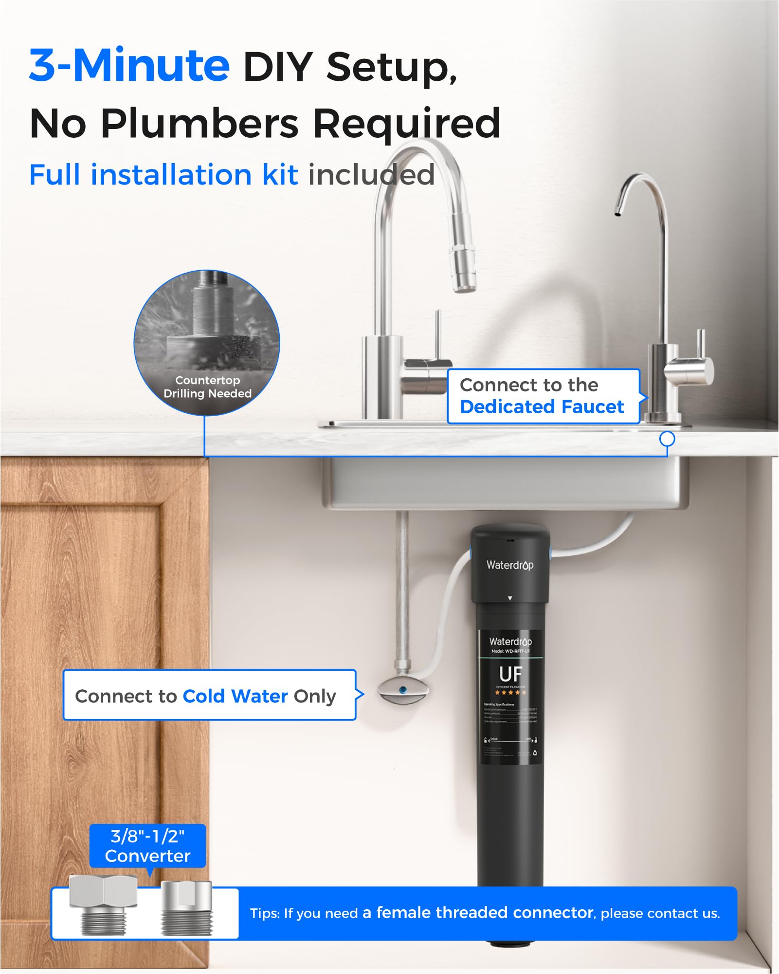 Waterdrop system supports quick, 3-second filter changes for easy maintenance.