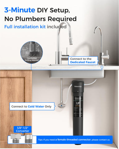Waterdrop system supports quick, 3-second filter changes for easy maintenance.