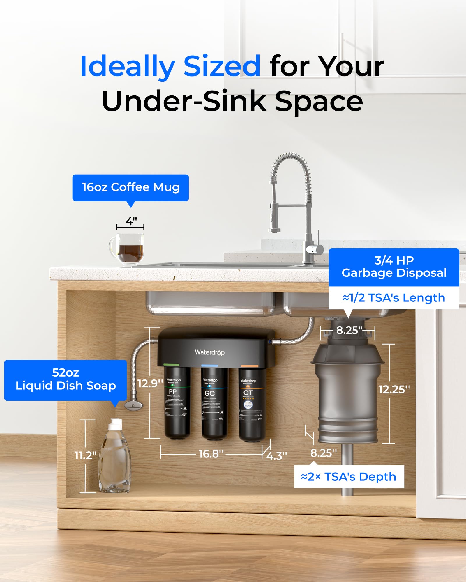Waterdrop quick-install DIY setup shown in under-sink space in under 3 minutes