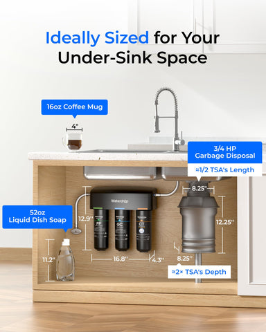 Waterdrop quick-install DIY setup shown in under-sink space in under 3 minutes