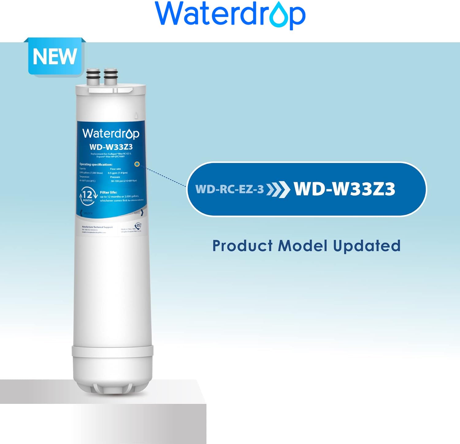 Waterdrop RC-EZ3 filter cartridge close-up highlights coconut shell carbon block