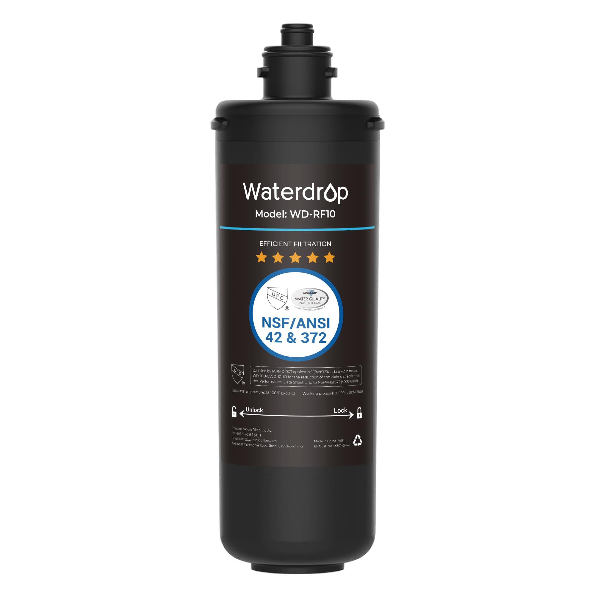 Waterdrop RF10 replacement filter cartridge for under-sink use, reduces contaminants and improves water clarity
