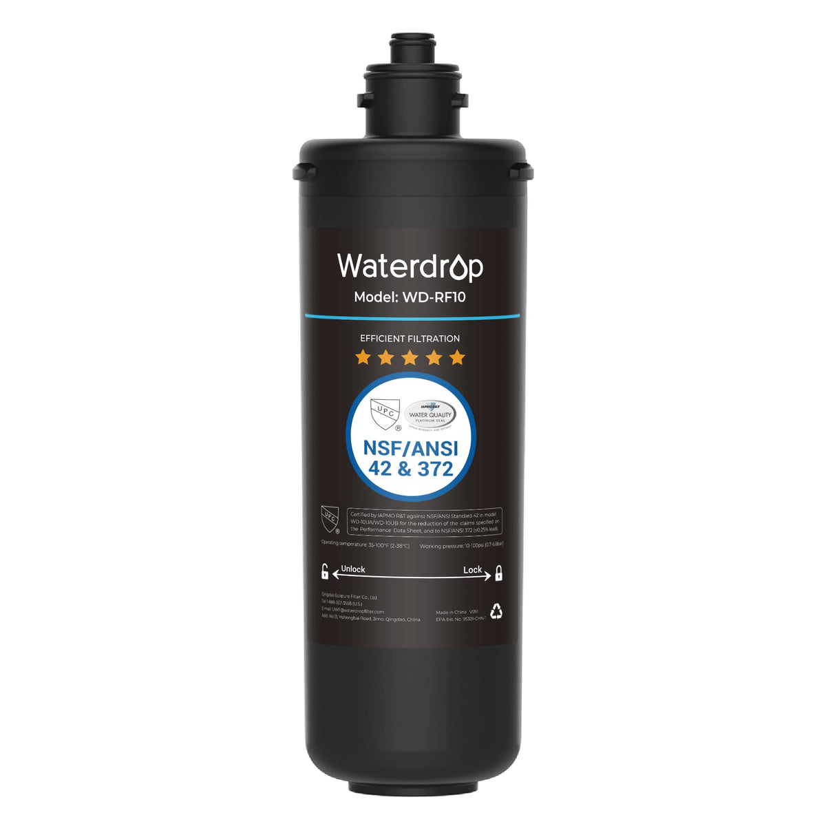 Waterdrop RF10 replacement filter cartridge for under-sink use, reduces contaminants and improves water clarity