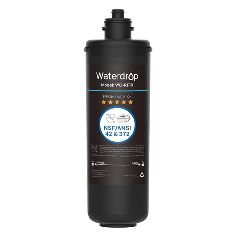 Waterdrop RF10 replacement filter cartridge for under-sink use, reduces contaminants and improves water clarity