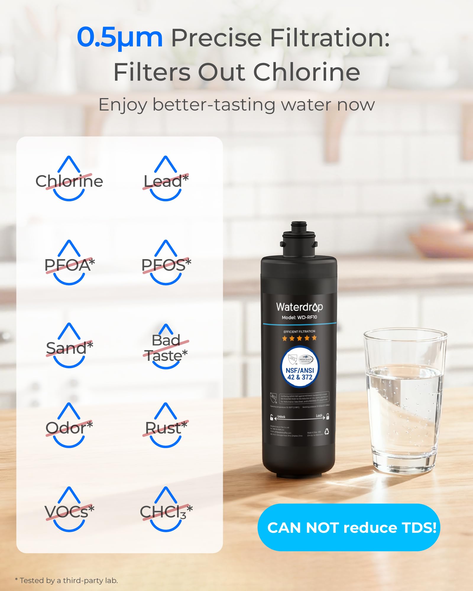 Close-up of Waterdrop RF10 filter media matrix highlighting multistage filtration