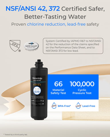NSF/ANSI certifications label on Waterdrop RF10 filter for quality assurance
