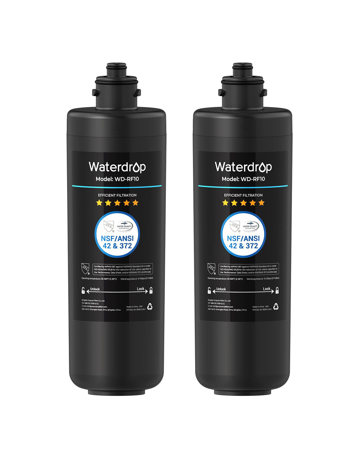 Waterdrop RF10 replacement filter under-sink packaging shows a 2-pack for easy upgrade