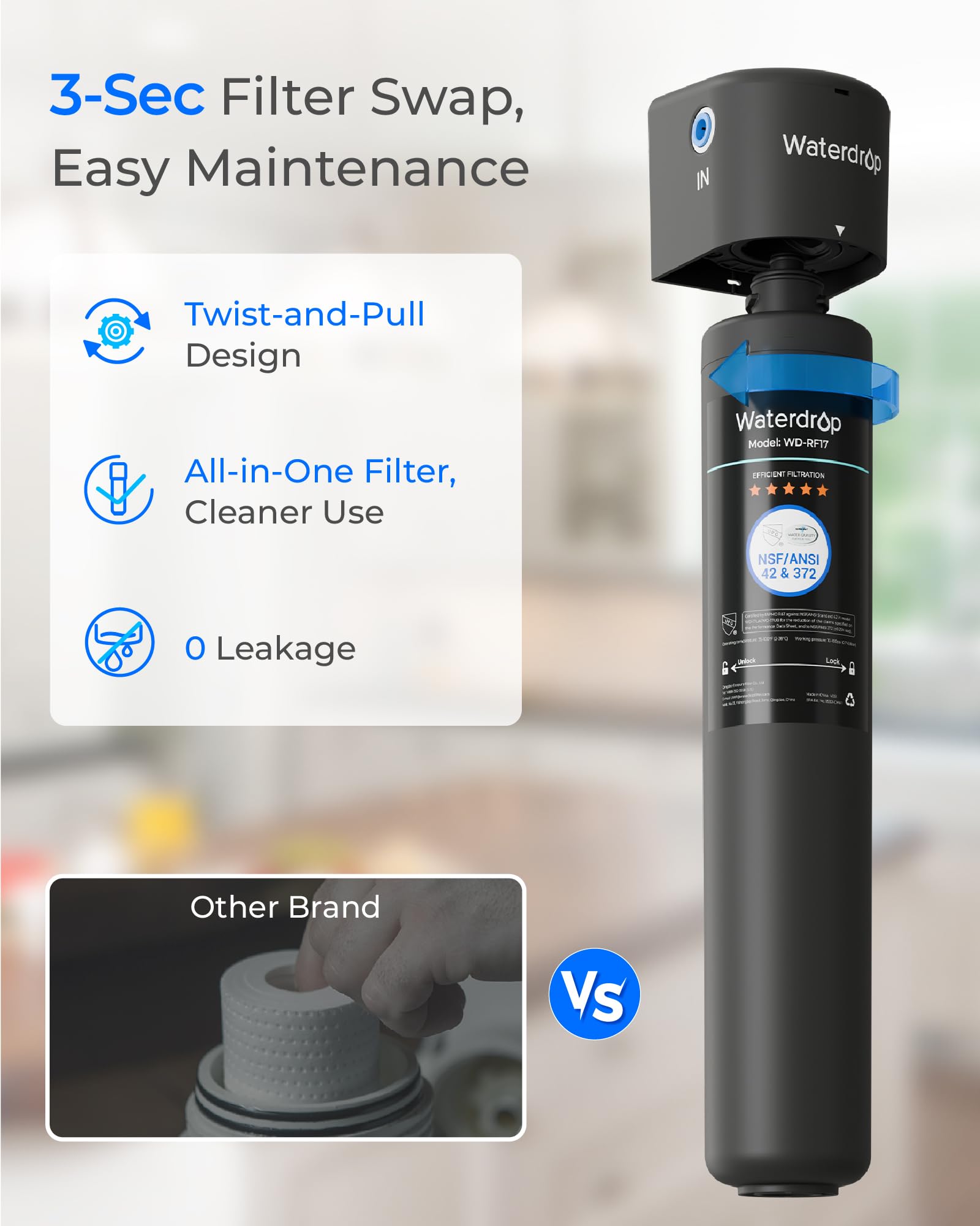 Waterdrop RF17 filtration reduces chlorine and improves taste and odor.