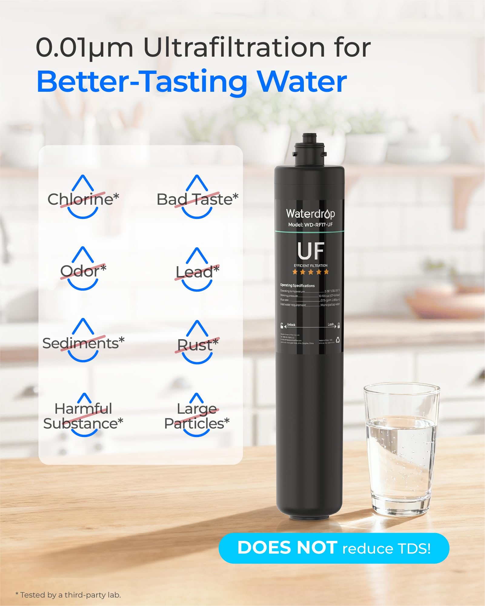 Waterdrop RF17-UF 0.01 micron membrane filters tiny particles from water.