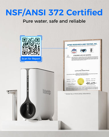 Waterdrop 5-stage filtration unit with labeled stages and reduction indicators.