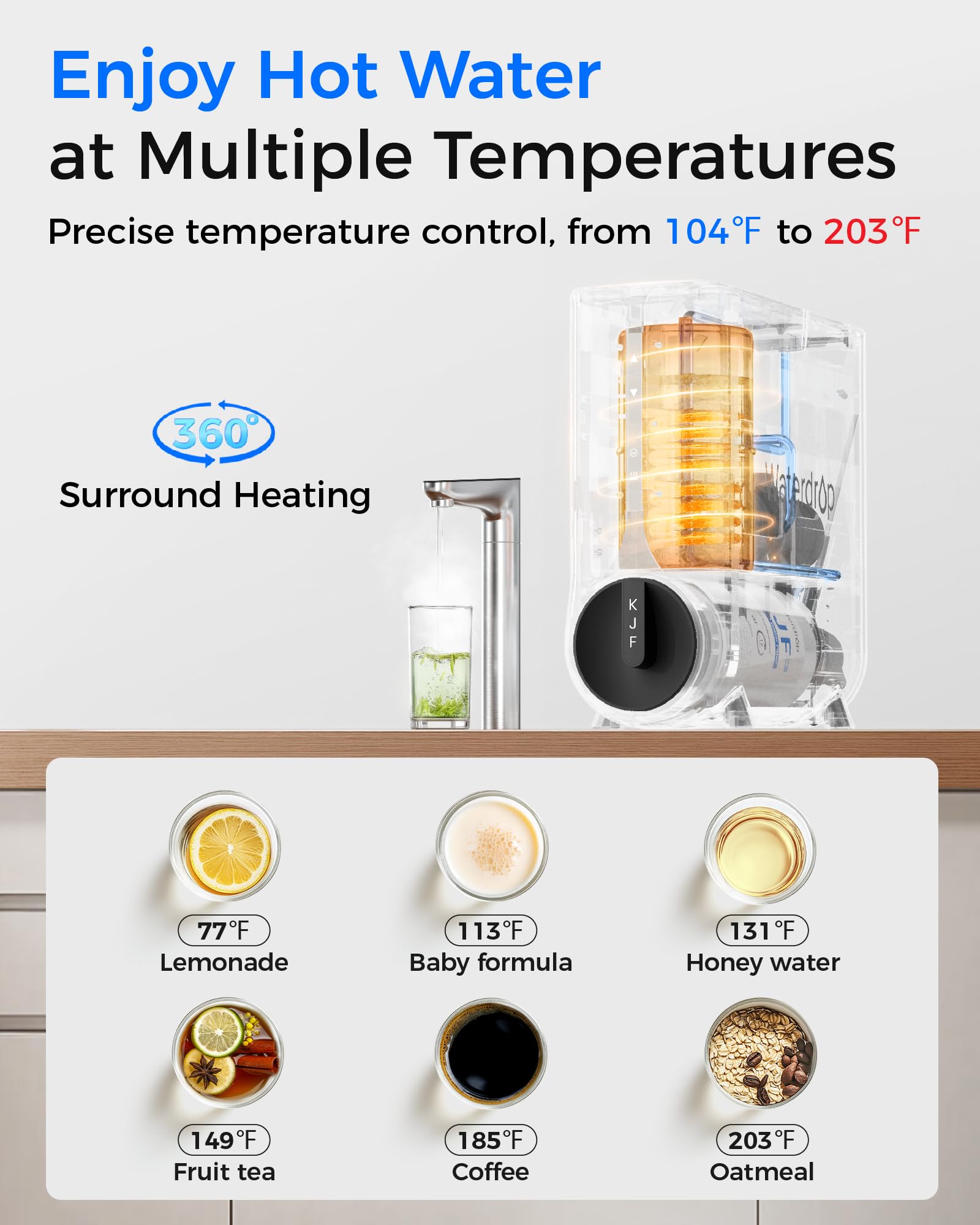 Waterdrop smart LED faucet showing TDS and filter status.